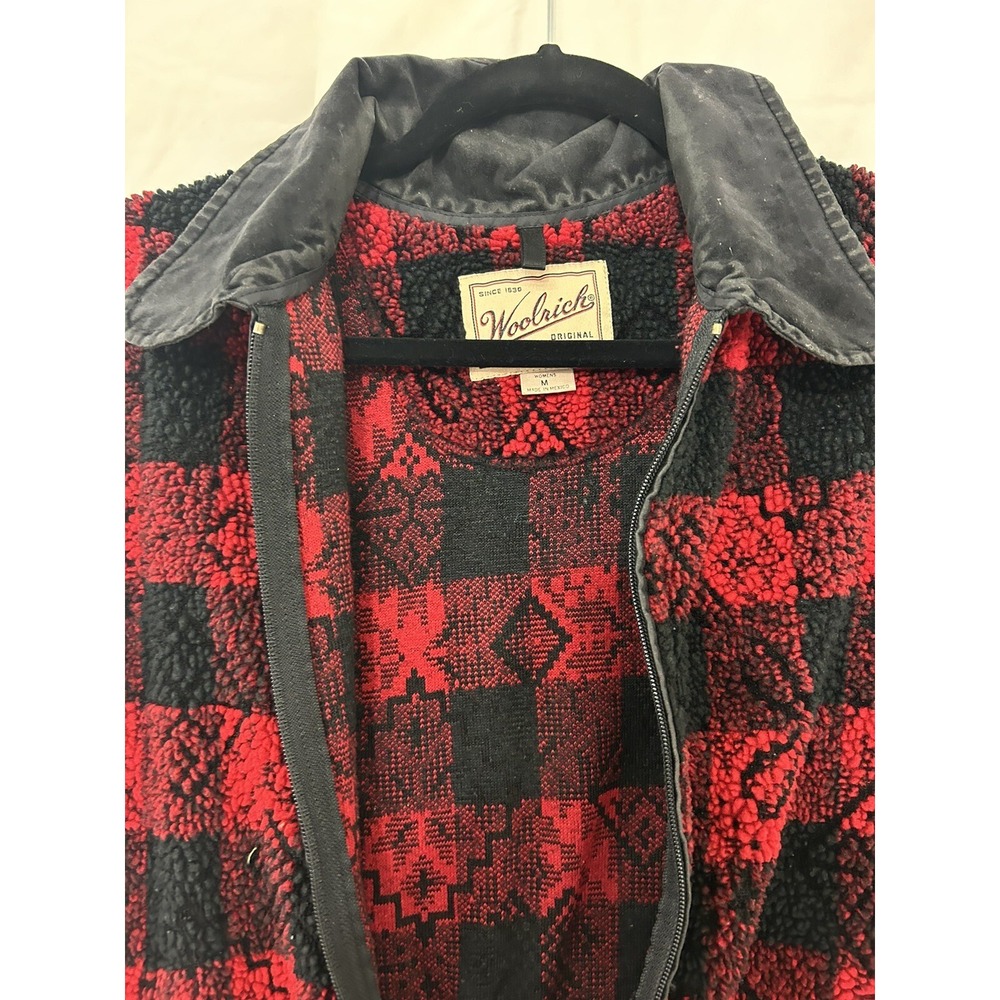 Woolrich Womens Red Black Buffalo Plaid Sherpa Fleece Zip‎ Up Vest Medium M - Picture 4 of 9